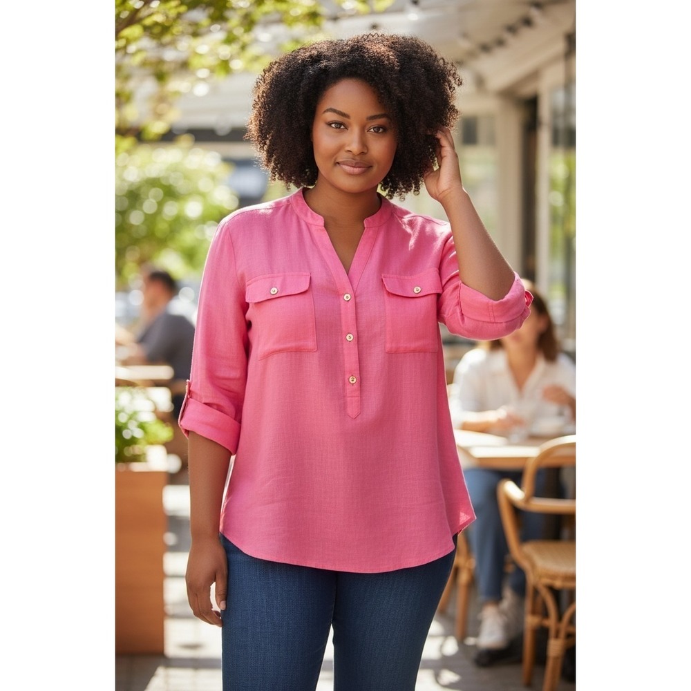 Jones New York Signature Top Womens Sz 2X Pink Roll Sleeves